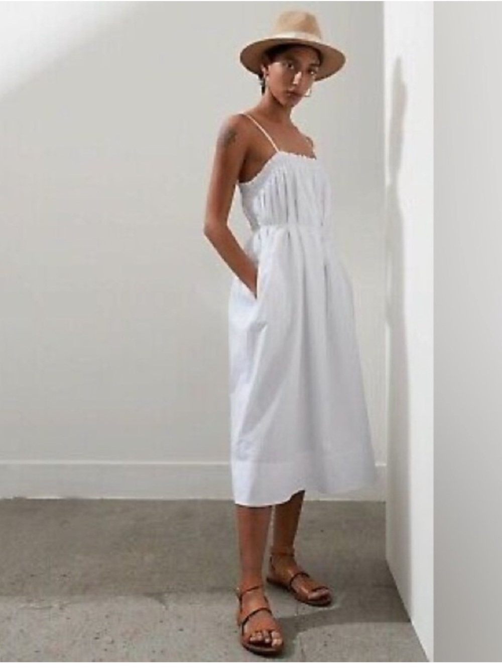 Banana Republic White Spaghetti-Strap Smocked Organic Cotton Midi Dress